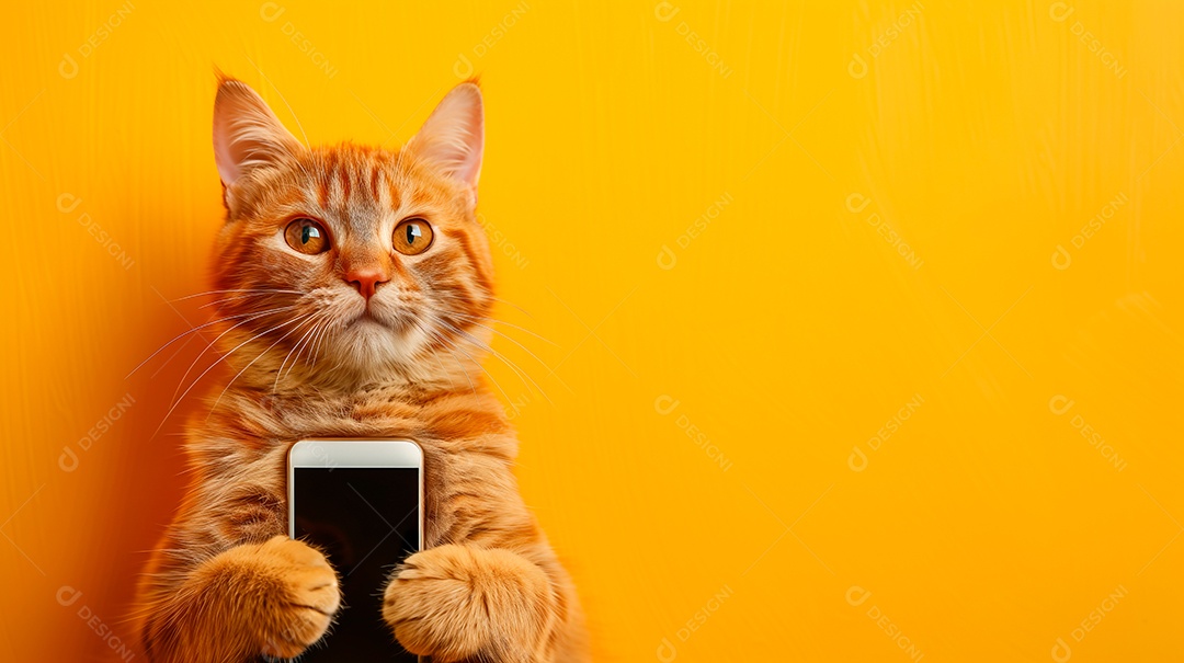 Gato amarelo fofo segurando celular nas patas