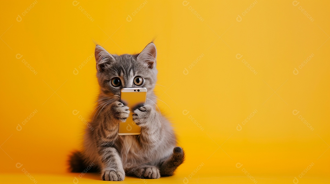 Gato cinza fofo segurando celular nas patas