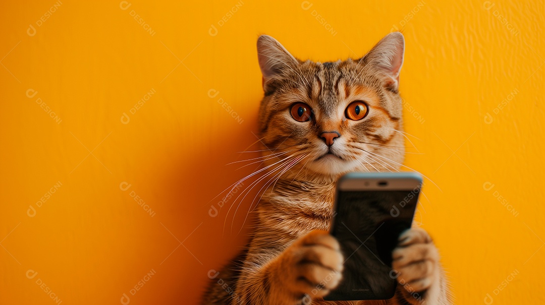 Gato amarelo fofo segurando celular nas patas