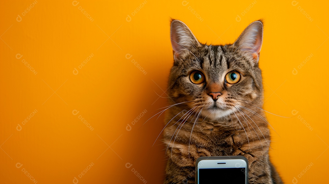 Gato amarelo fofo segurando celular nas patas