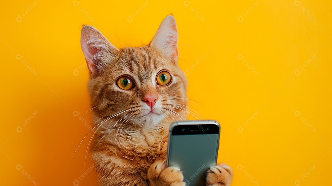 Gato amarelo fofo segurando celular nas patas