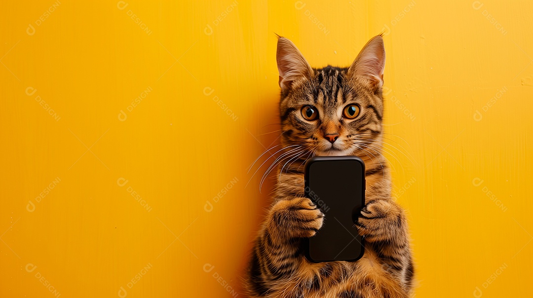 Gato rajado segurando celular nas patas