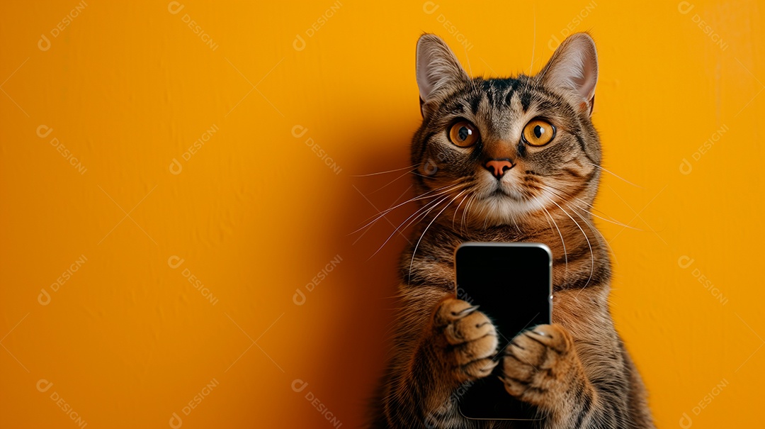 Gato rajado com celular nas patas