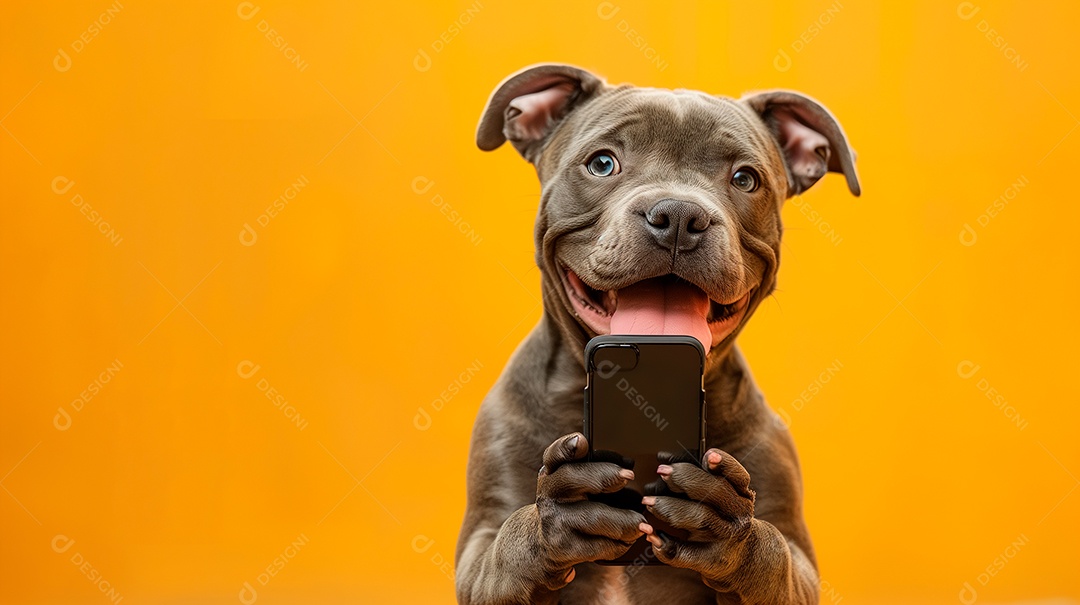 Cão lindo com celular nas patas