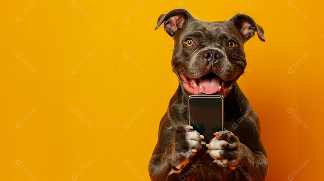 Cachorro lindo com segurando celular nas patas