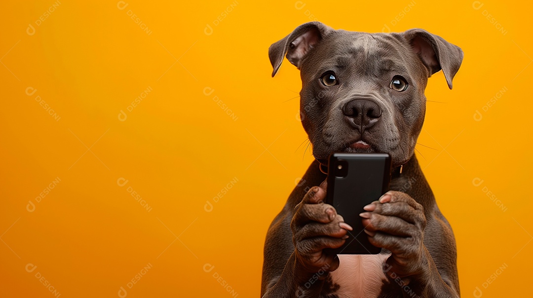 Cachorro pitbull com celular nas patas