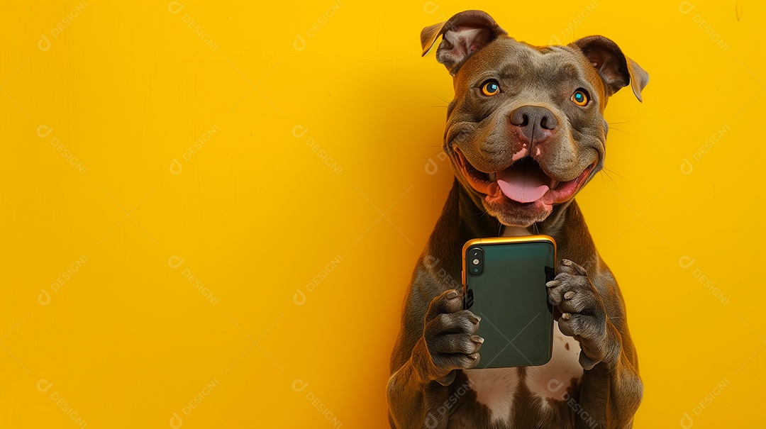Cachorro pitbull com celular nas patas