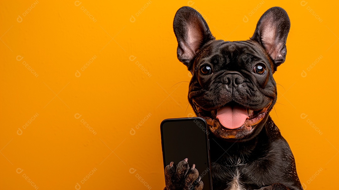 Cão preto fofo com celular nas patas