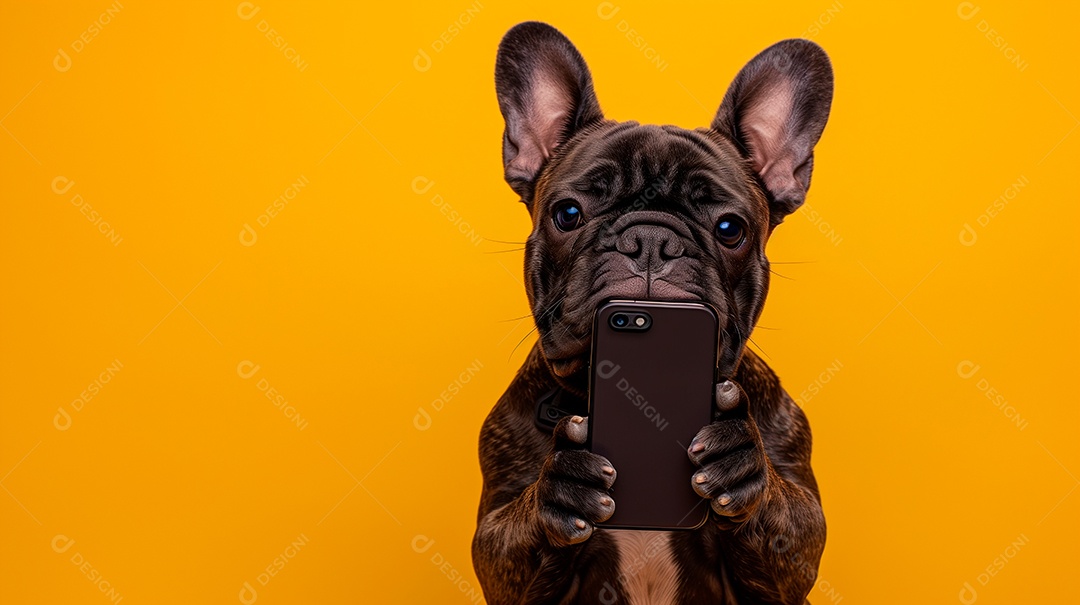 Cão preto fofo com celular nas patas