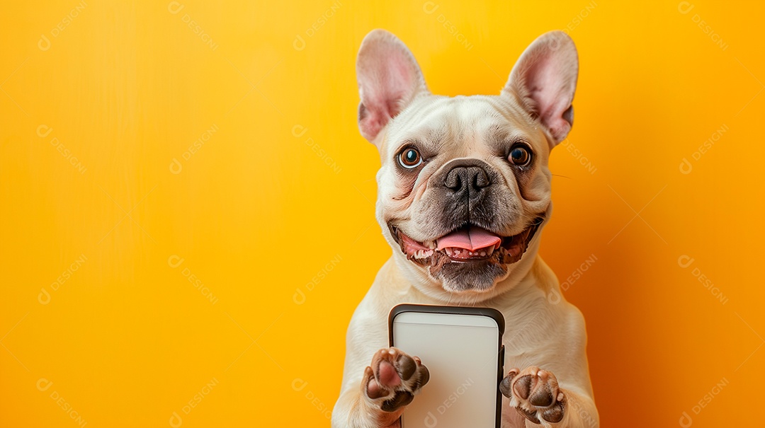 Cachorro sentado com celular nas patas