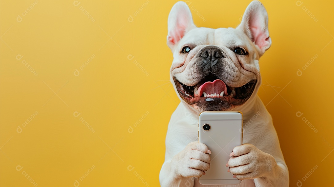 Cão branco fofo segurando celular nas patas