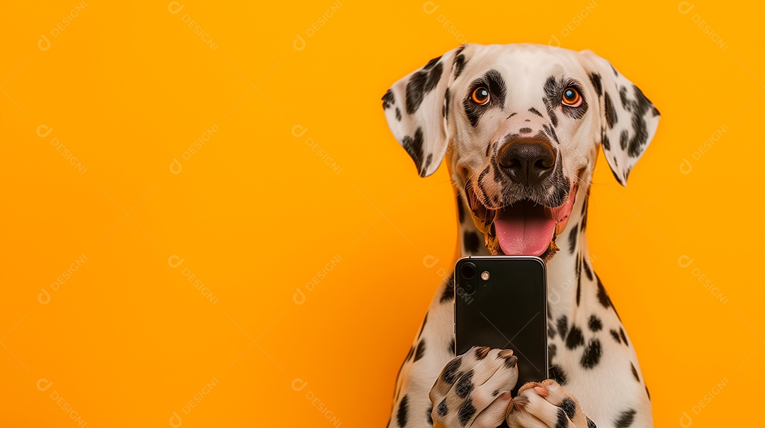 Cão dálmata com celular nas patas