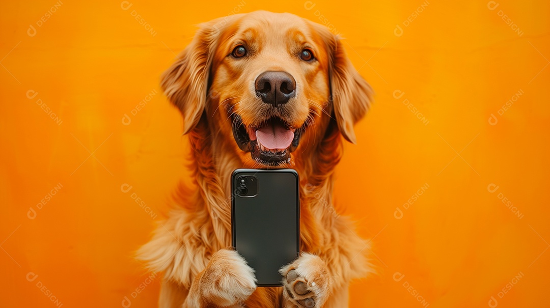 Cão amarelo fofo com celular nas patas