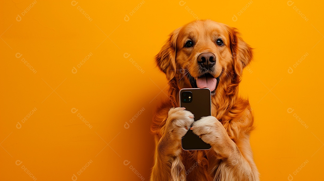 Cão lindo com celular nas patas