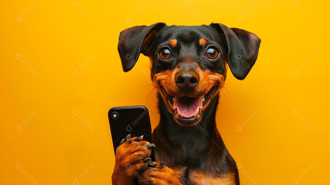 Cachorro preto com celular nas patas