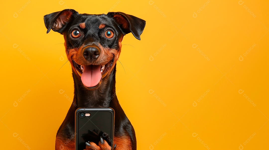 Cão preto fofo com celular nas patas