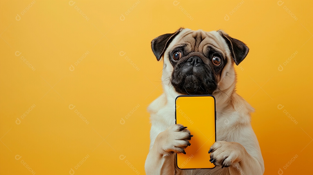 Cachorro fofo com celular nas patas