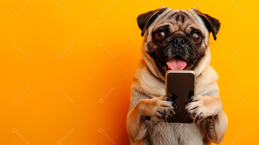 Cãozinho com celular nas patas