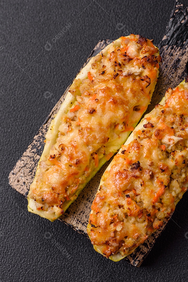 Metades de abobrinha assadas com queijo, tomate, carne ou substituto de carne com sal, especiarias e ervas