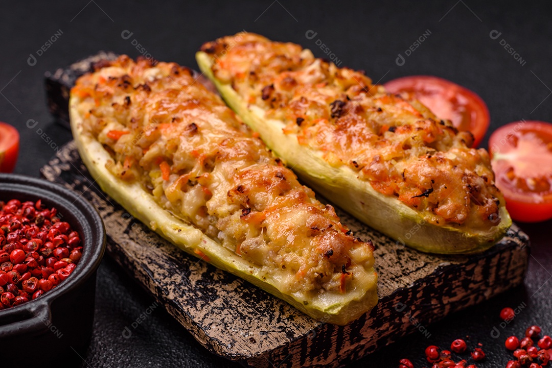 Metades de abobrinha assadas com queijo, tomate, carne ou substituto de carne com sal, especiarias e ervas