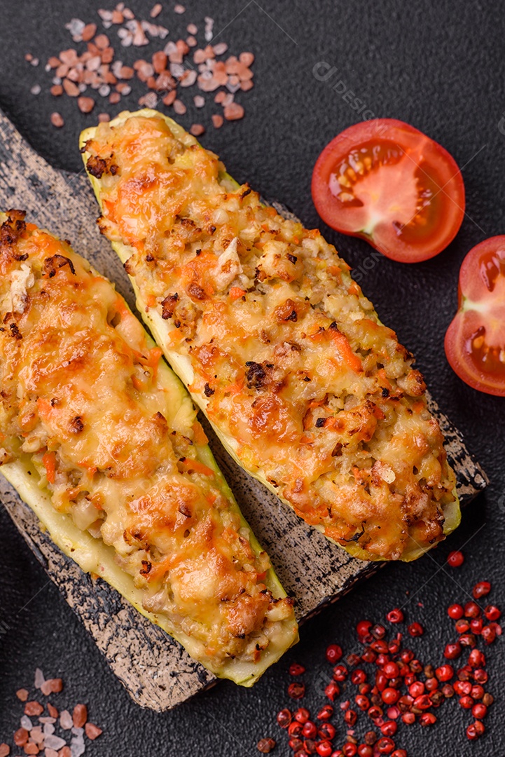 Metades de abobrinha assadas com queijo, tomate, carne ou substituto de carne com sal, especiarias e ervas