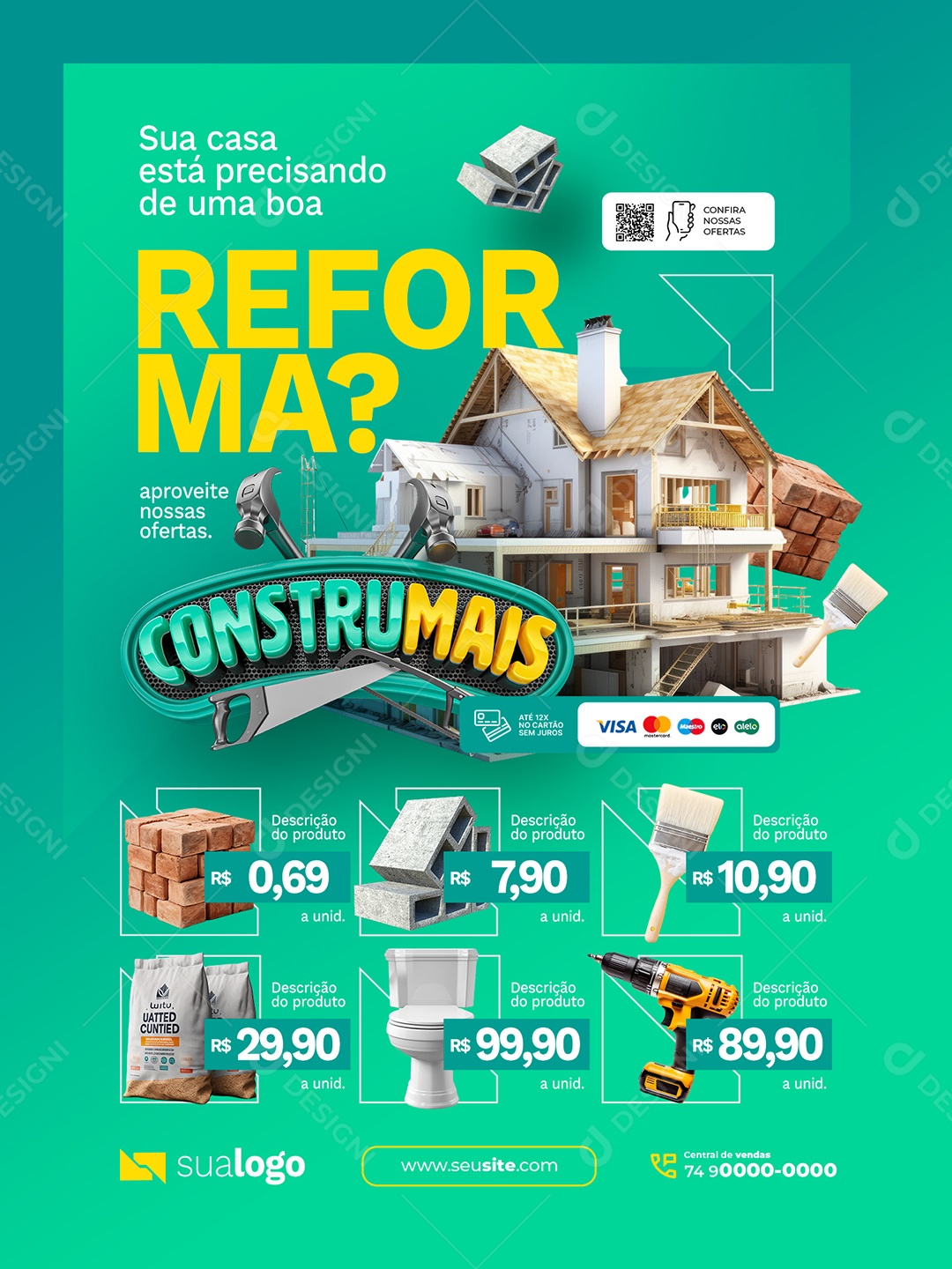 Encarte Construmais sua Casa está Precisando de uma Boa Reforma Social Media PSD Editável