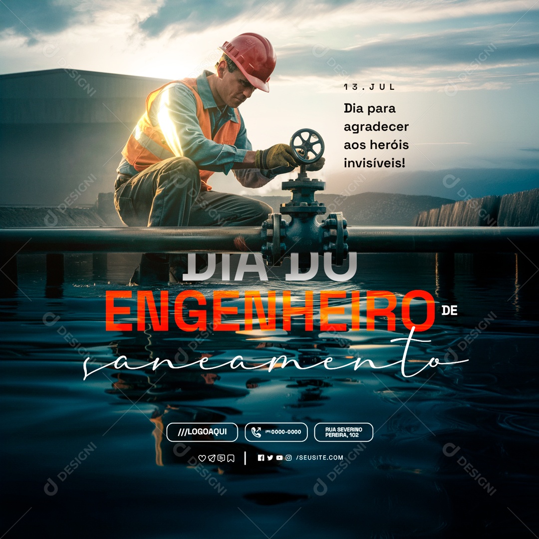Dia do Engenheiro de Saneamento 13 de Julho Agradecer aos Heróis Invisíveis Social Media PSD Editável