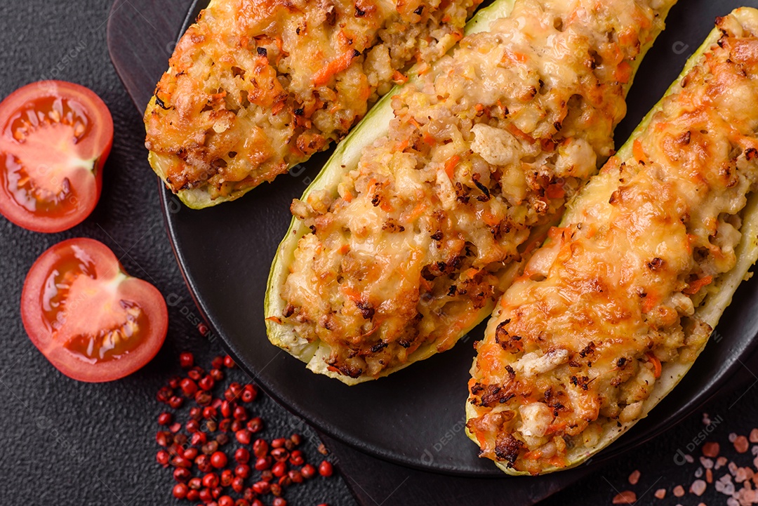 Metades de abobrinha assadas com queijo, tomate, carne ou substituto de carne com sal, especiarias e ervas