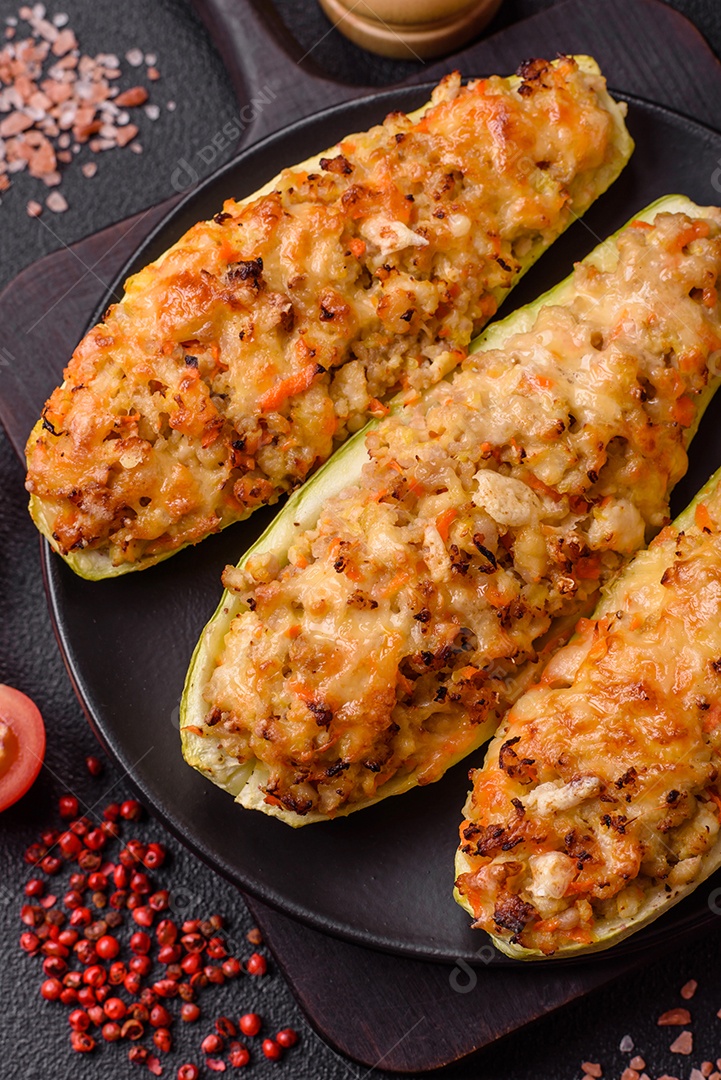 Metades de abobrinha assadas com queijo, tomate, carne ou substituto de carne com sal, especiarias e ervas