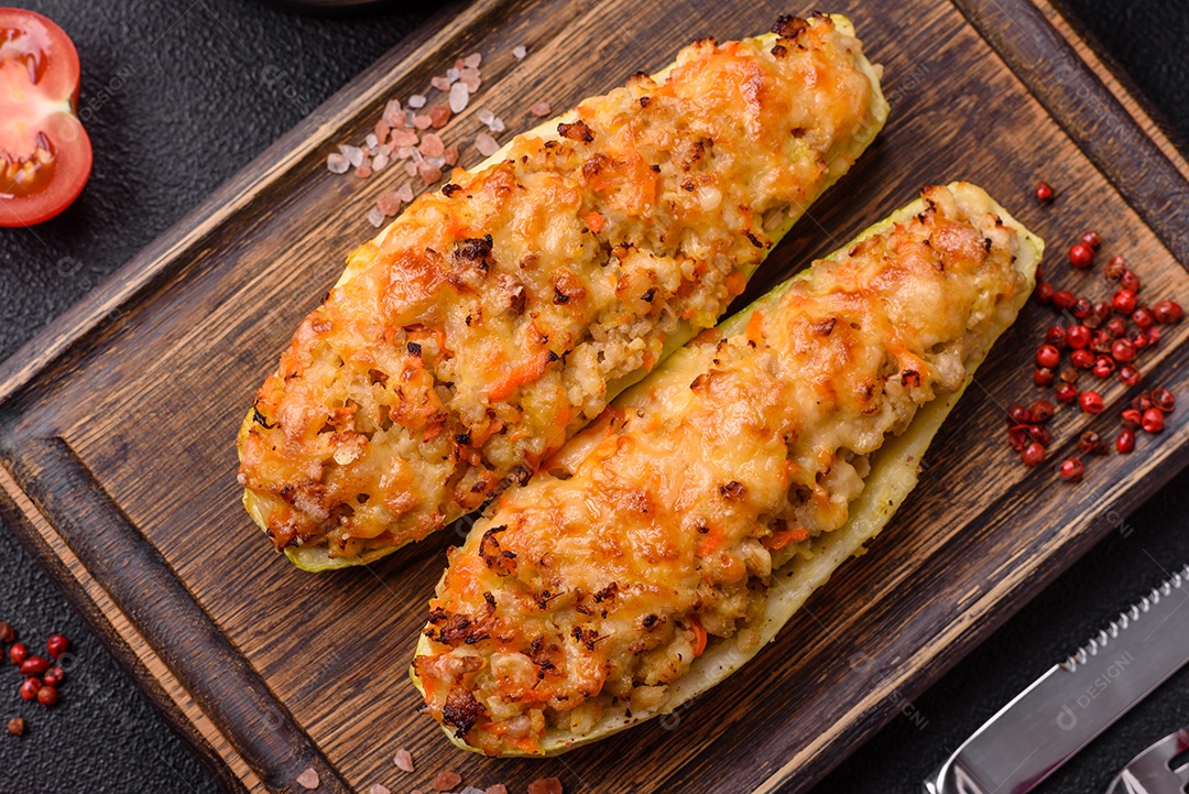 Metades de abobrinha assadas com queijo, tomate, carne ou substituto de carne com sal, especiarias e ervas