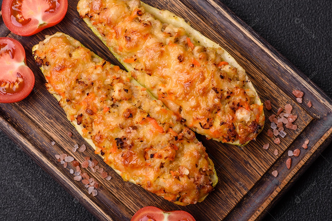 Metades de abobrinha assadas com queijo, tomate, carne ou substituto de carne com sal, especiarias e ervas