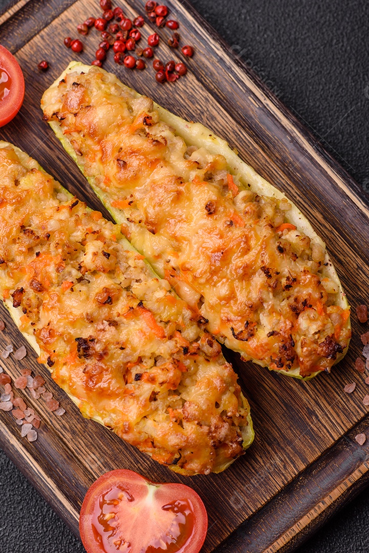 Metades de abobrinha assadas com queijo, tomate, carne ou substituto de carne com sal, especiarias e ervas