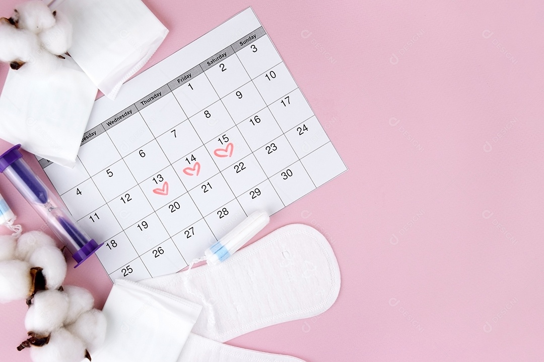 Calendário algodões e absorventes período menstrual