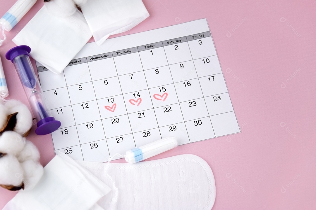 Calendário absorventes e algodão representa ao período menstrual