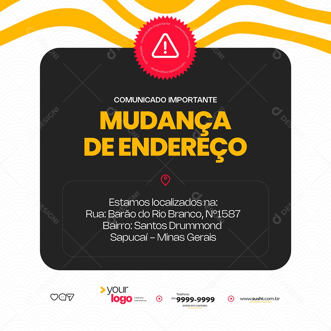 Comida Japonesa Comunicado Importante Mudança de Endereço Social Media PSD Editável
