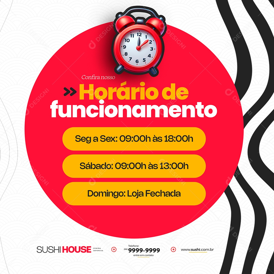Comida Japonesa Horário de Funcionamento Social Media PSD Editável