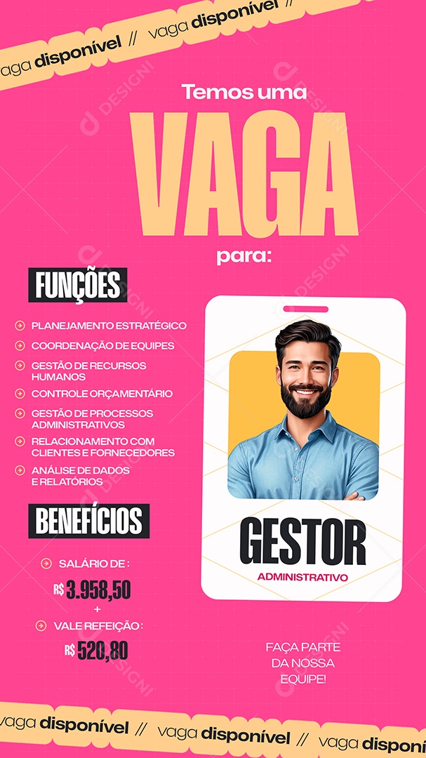 Story Vaga de Emprego Gestor Administrativo Social Media PSD Editável