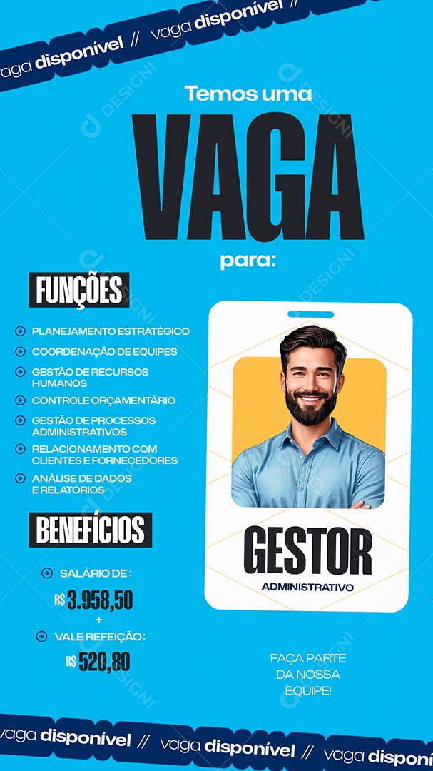 Story Vaga de Emprego Gestor Administrativo Social Media PSD Editável