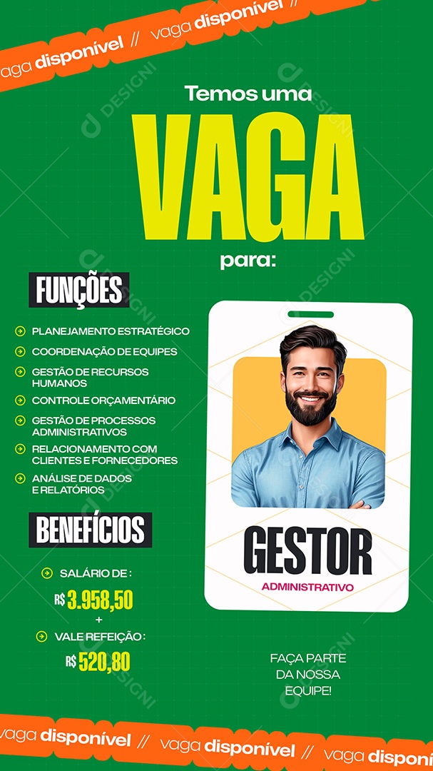 Story Vaga de Emprego Gestor Administrativo Social Media PSD Editável