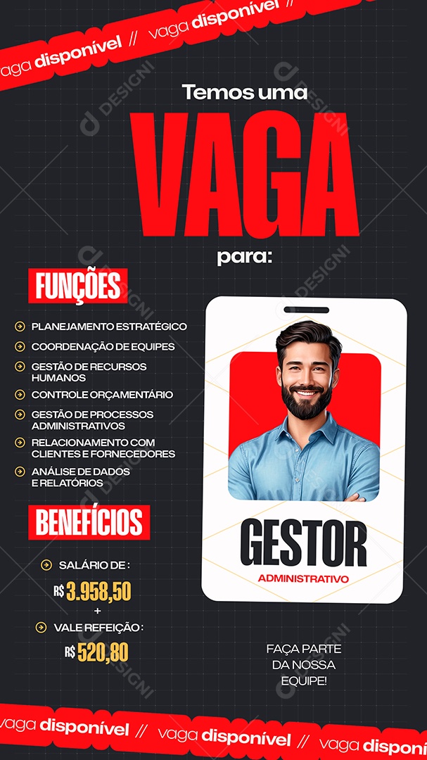 Story Vaga de Emprego Gestor Administrativo Social Media PSD Editável