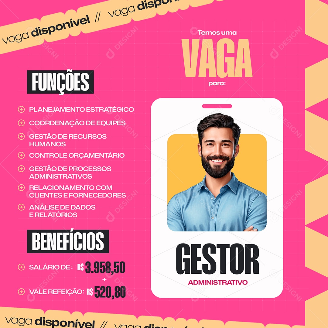 Vaga de Emprego Gestor Administrativo Social Media PSD Editável