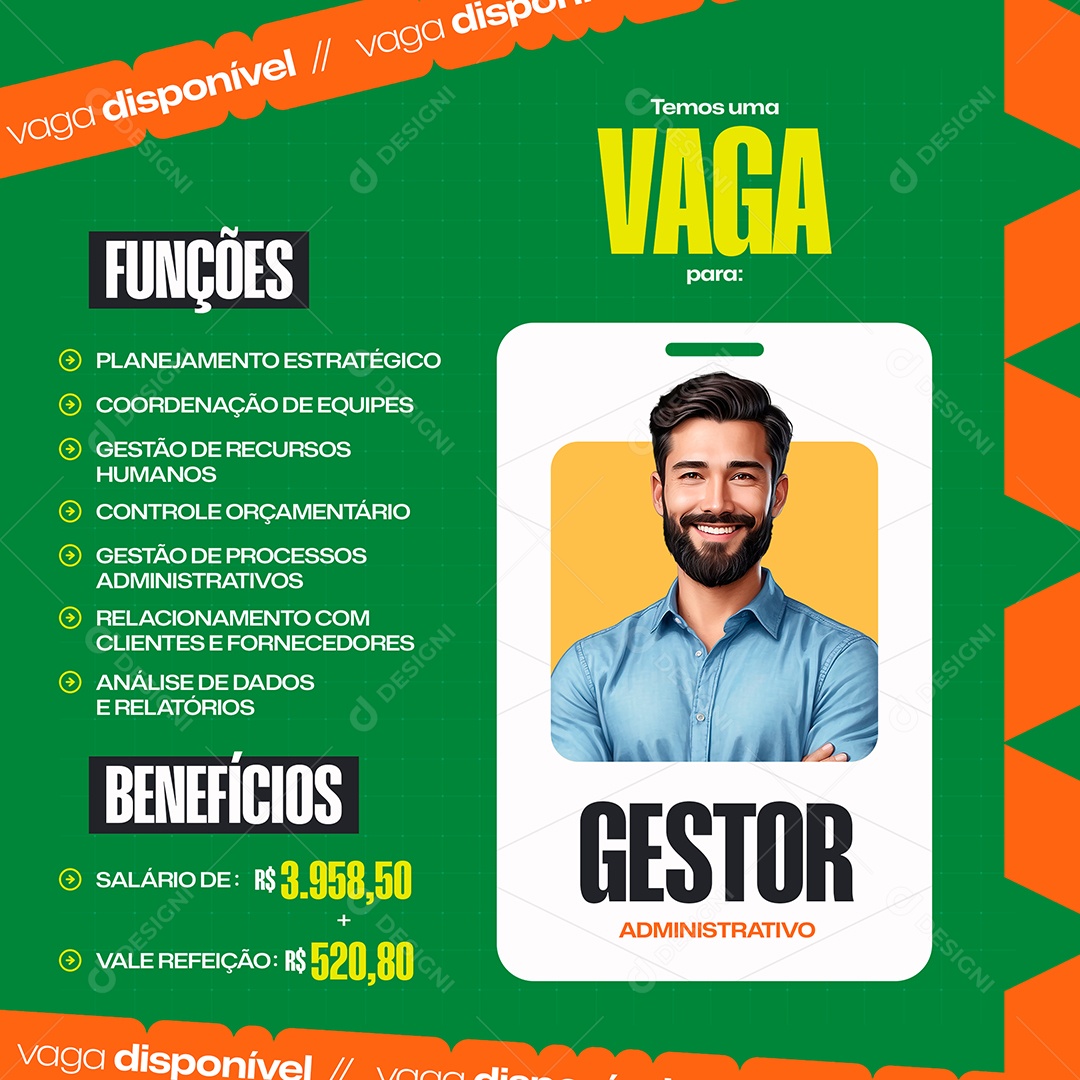 Vaga de Emprego Gestor Administrativo Social Media PSD Editável