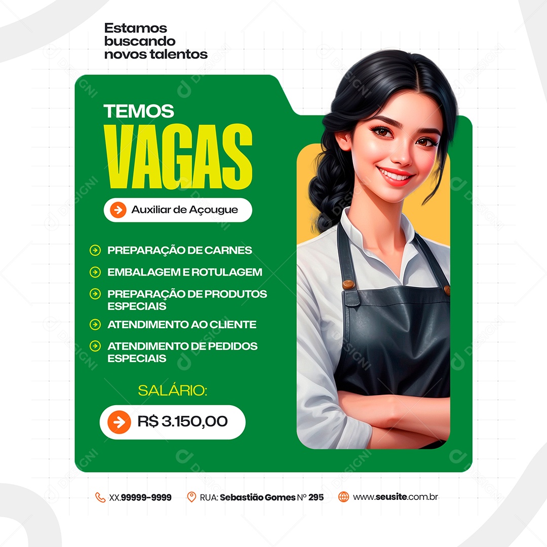 Vaga de Emprego Auxiliar de Açougue Social Media PSD Editável