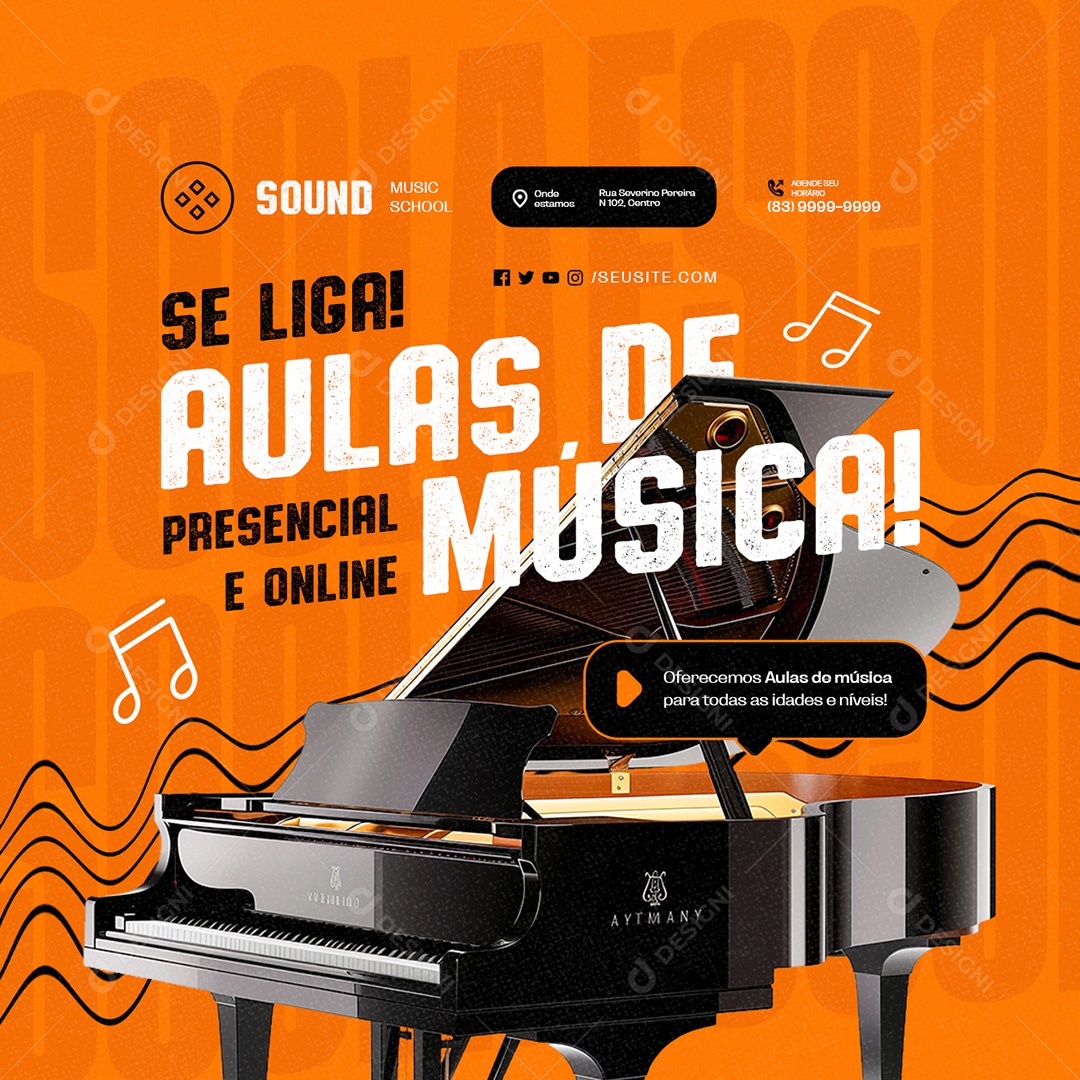 Aulas de Música Presencial e Online Social Media PSD Editável