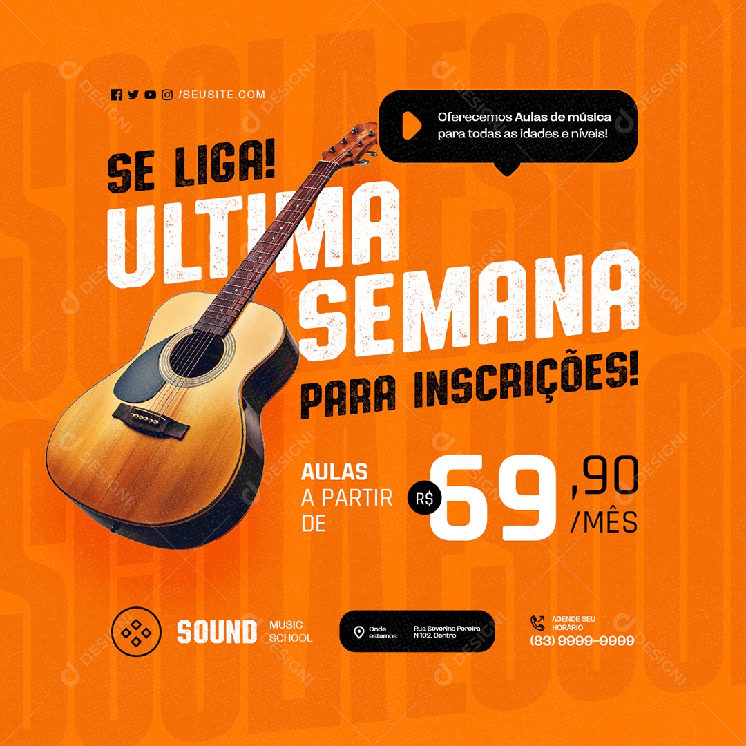 Aulas de Música se Liga Ultima Semana para Inscrições Social Media PSD Editável