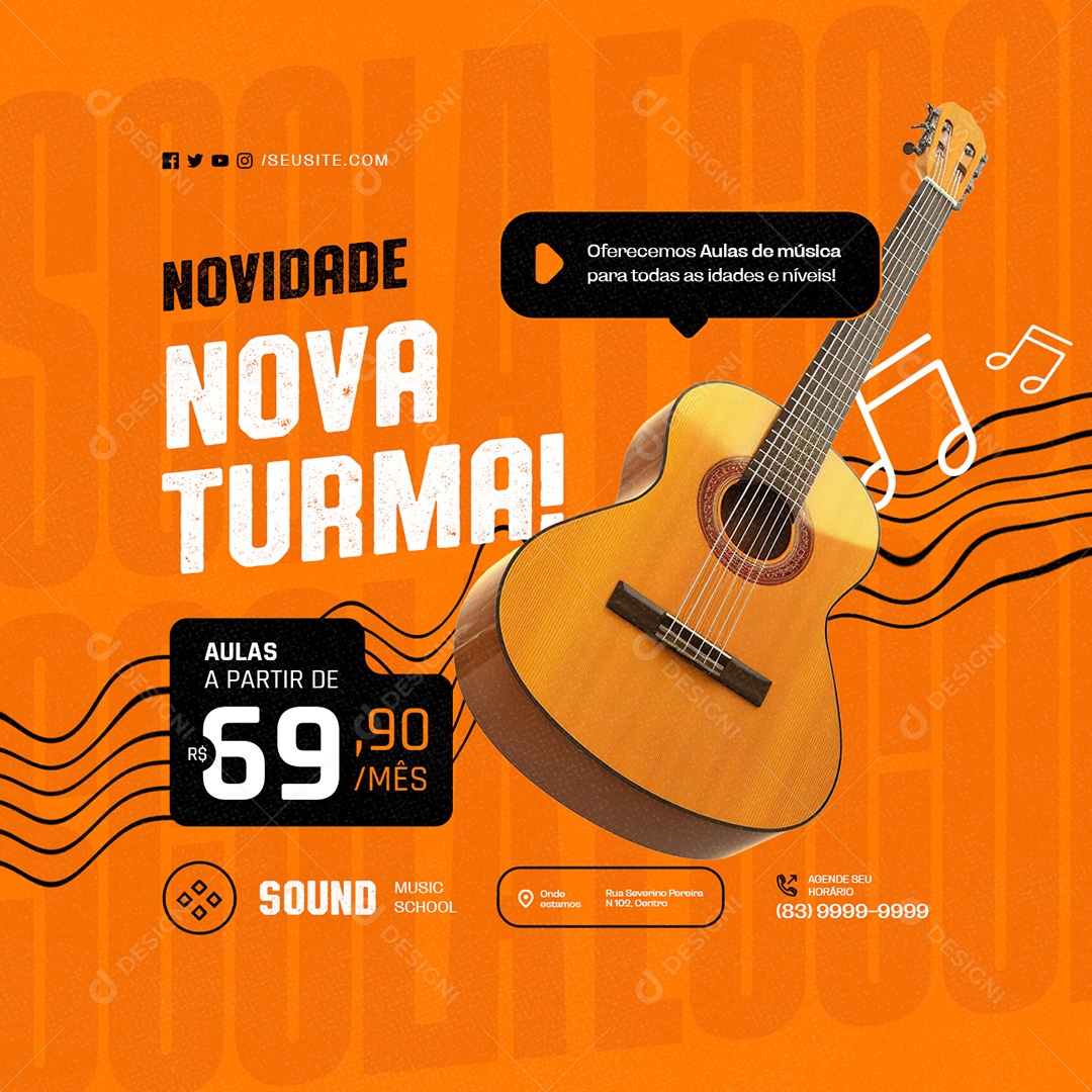 Aulas de Música Novidade Nova Turma Social Media PSD Editável