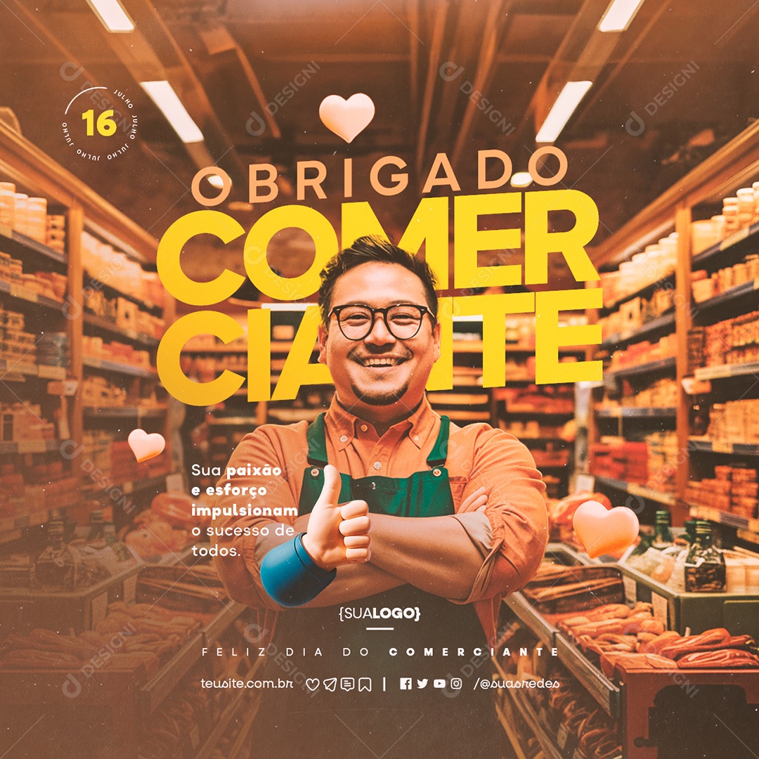 Dia do Comerciante 16 de Julho Obrigado Social Media PSD Editável