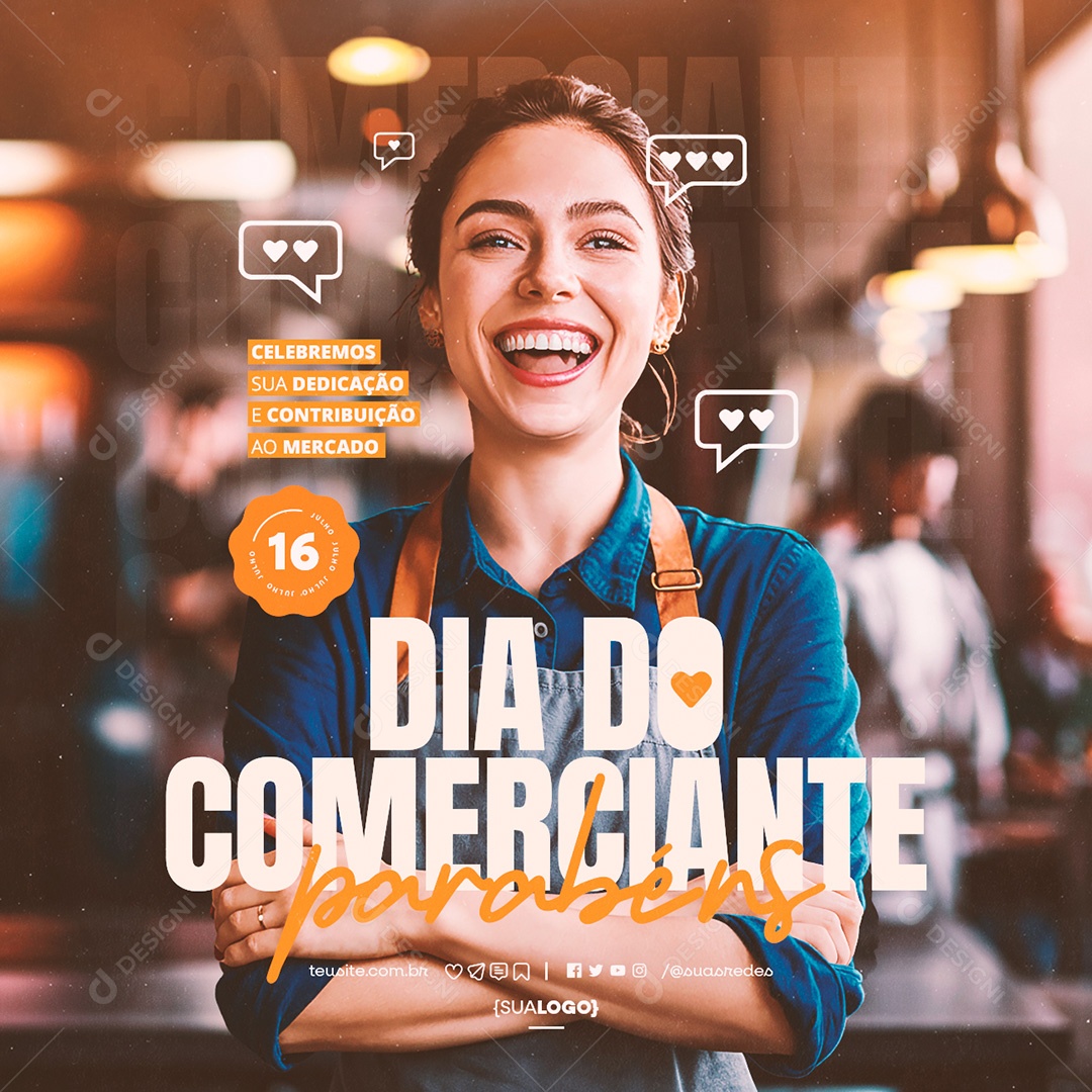 Dia do Comerciante 16 de Julho Parabéns Social Media PSD Editável