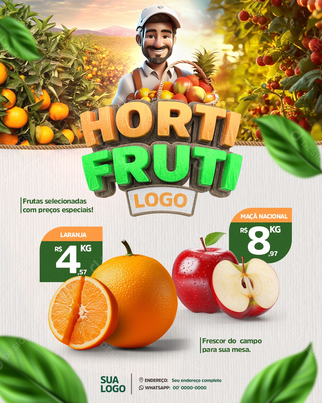Hortifruti Frutas Selecionadas Laranja Maçã Nacional Social Media PSD Editável