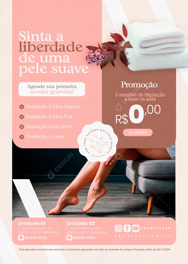 Sinta a Liberdade de uma Pele Suave Agende sua Primeira Sessão Gratuita Social Media PSD Editável